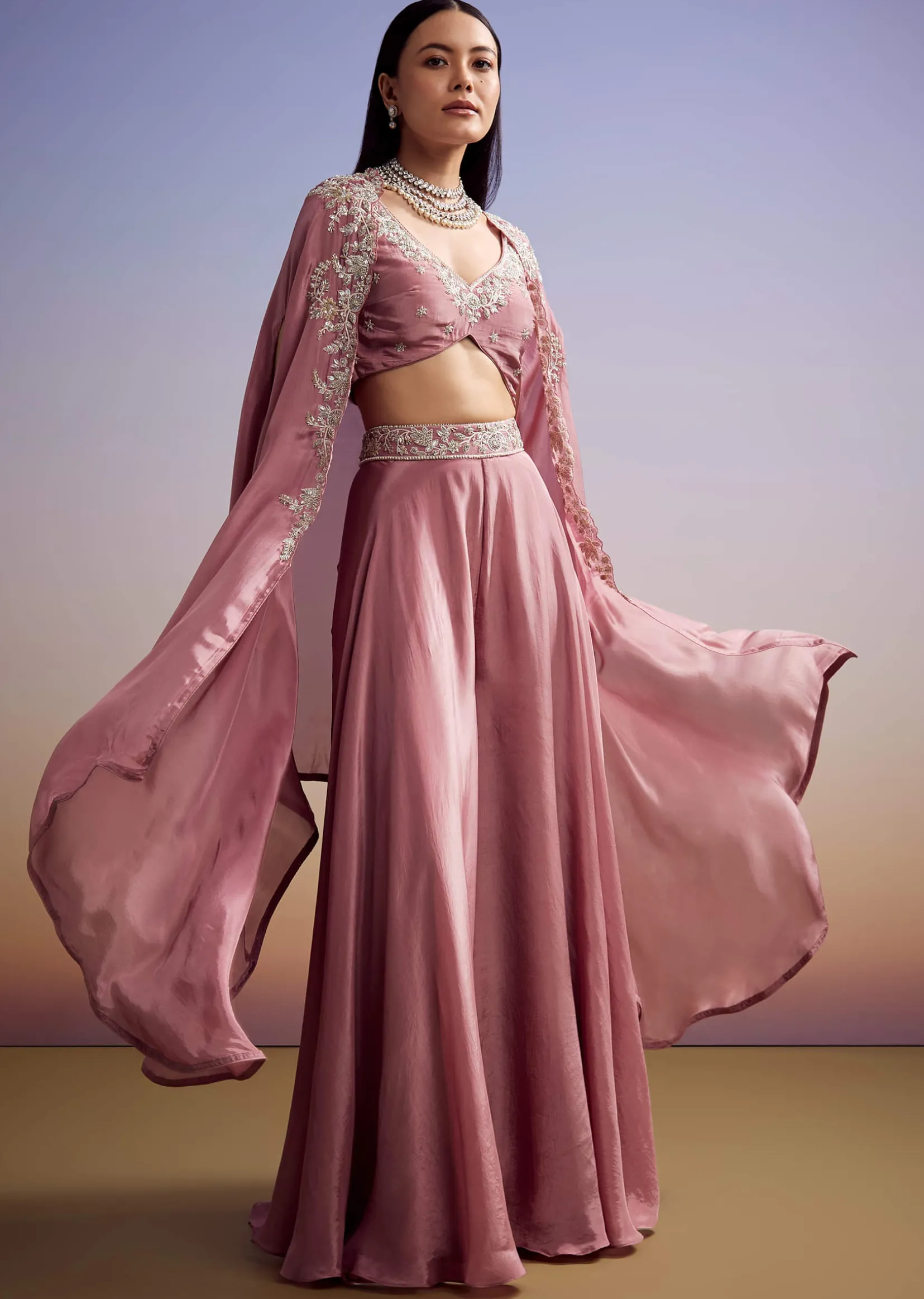 Pink Crepe Crop Top And Cape Set With Embroidery