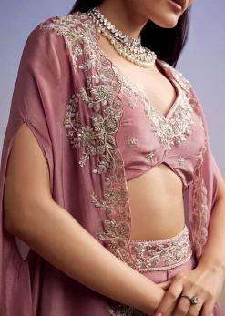 Pink Crepe Crop Top And Cape Set With Embroidery