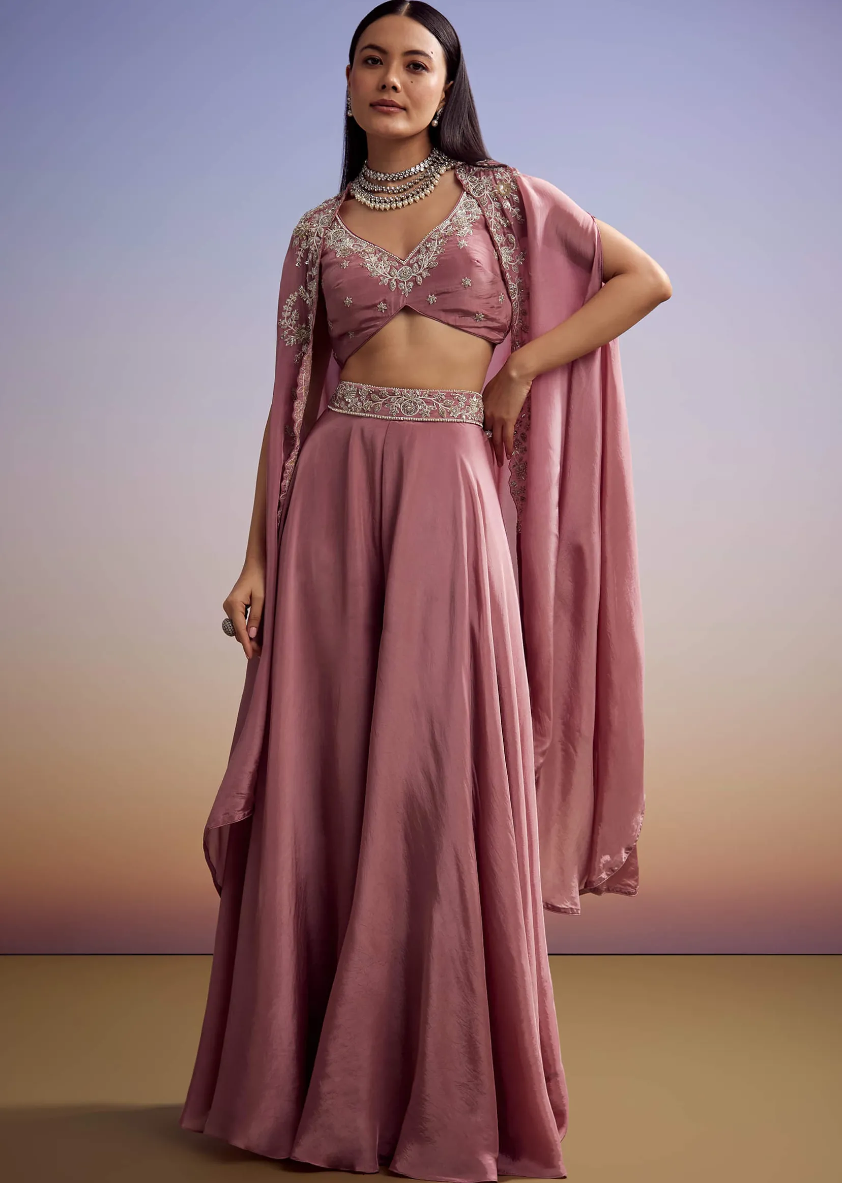 Pink Crepe Crop Top And Cape Set With Embroidery