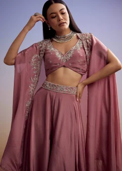 Pink Crepe Crop Top And Cape Set With Embroidery