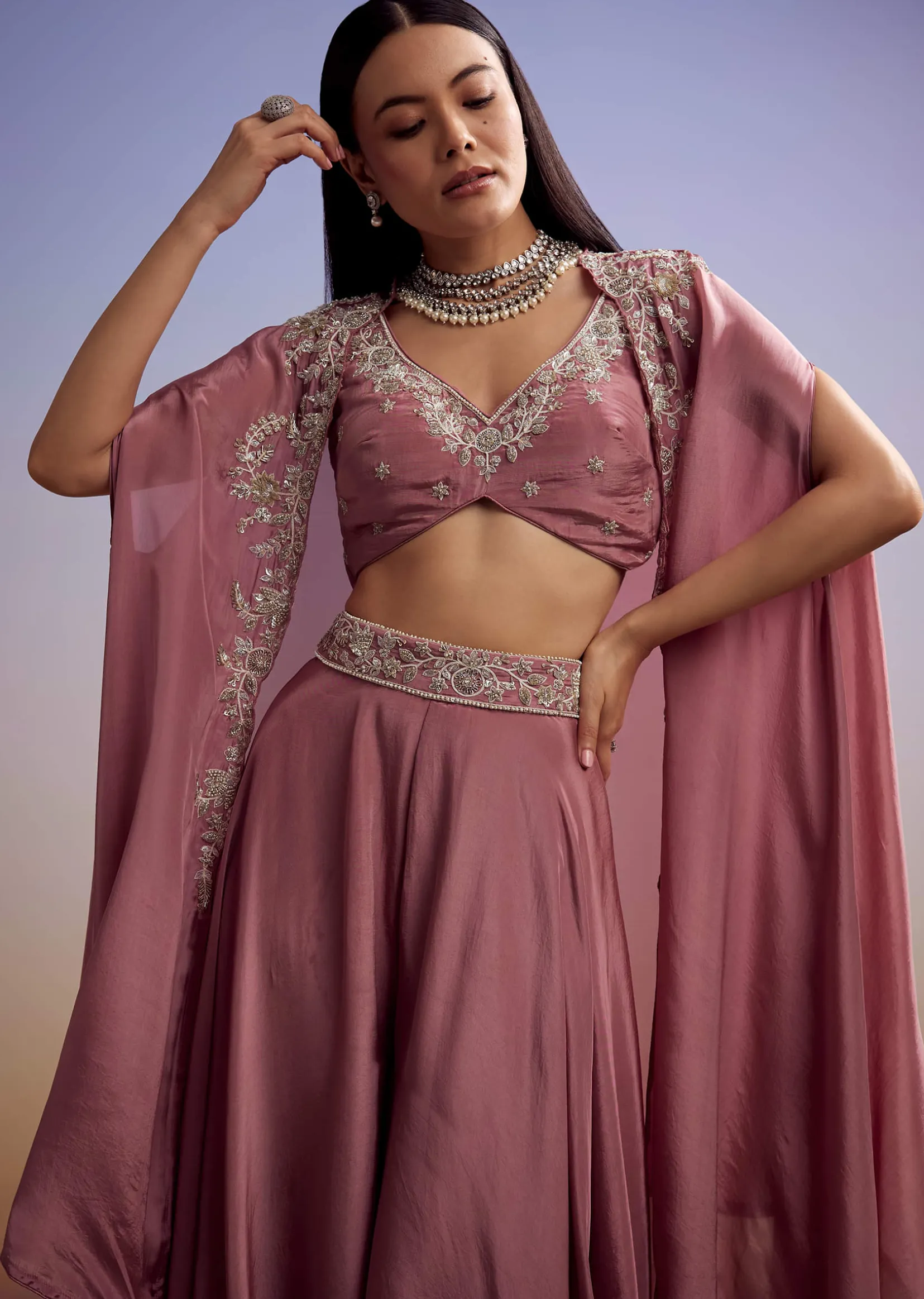 Pink Crepe Crop Top And Cape Set With Embroidery