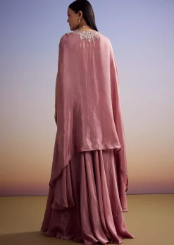 Pink Crepe Crop Top And Cape Set With Embroidery