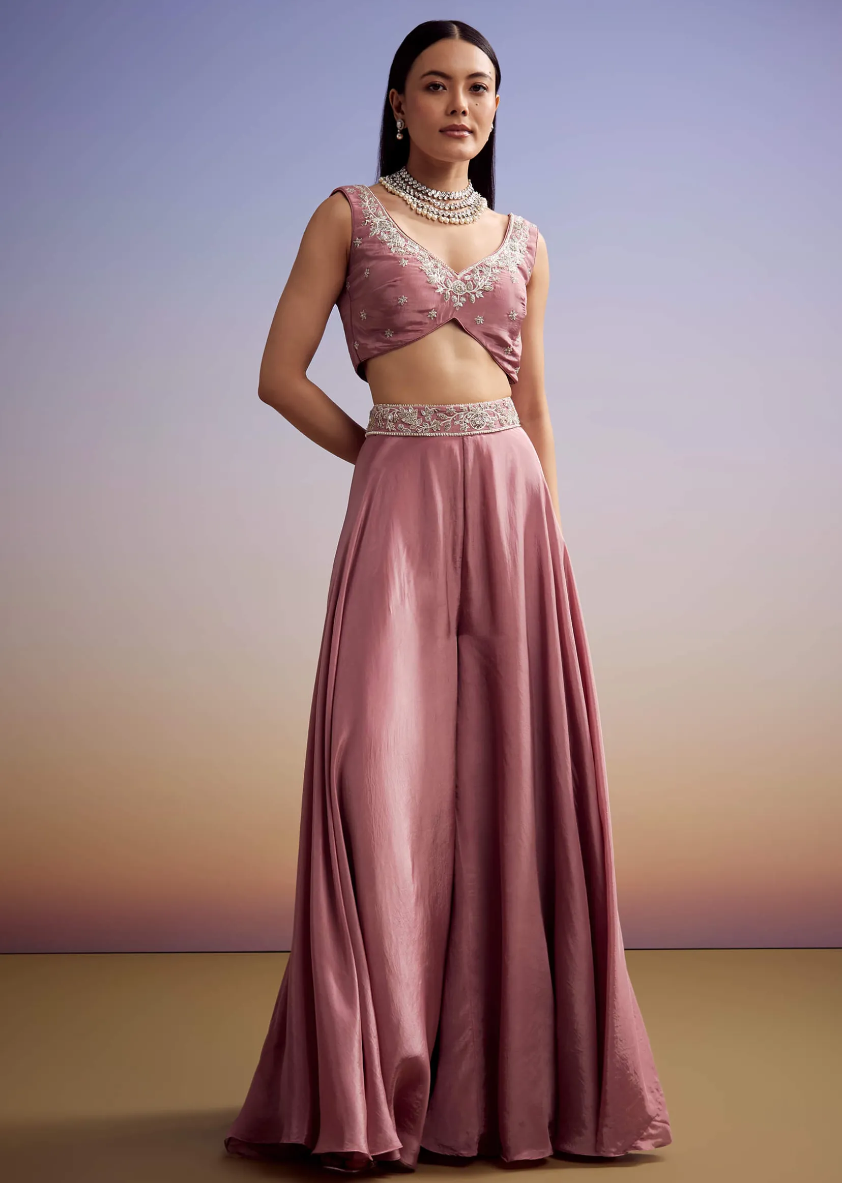 Pink Crepe Crop Top And Cape Set With Embroidery