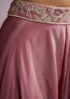 Pink Crepe Crop Top And Cape Set With Embroidery