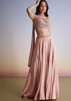 Pink Crepe Cutdana Sequin Embroidered Croptop Palazzo Suit With Dupatta