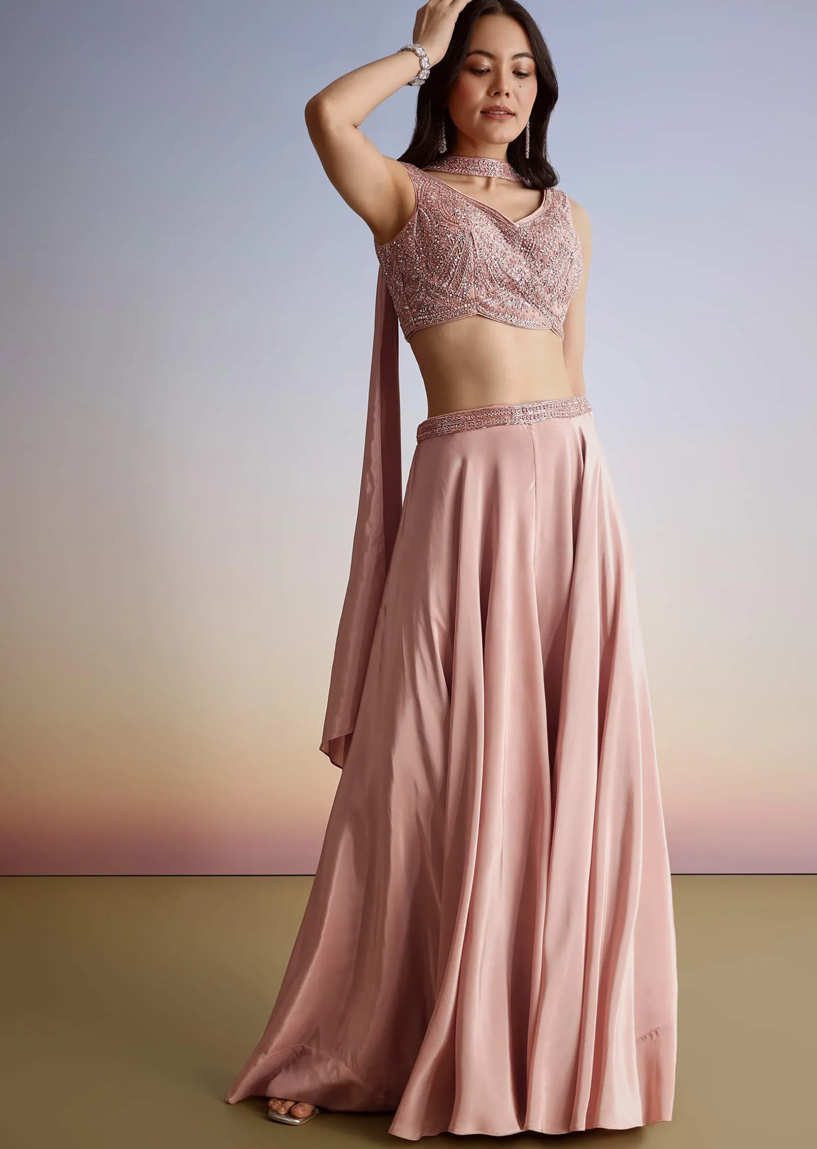 Pink Crepe Cutdana Sequin Embroidered Croptop Palazzo Suit With Dupatta