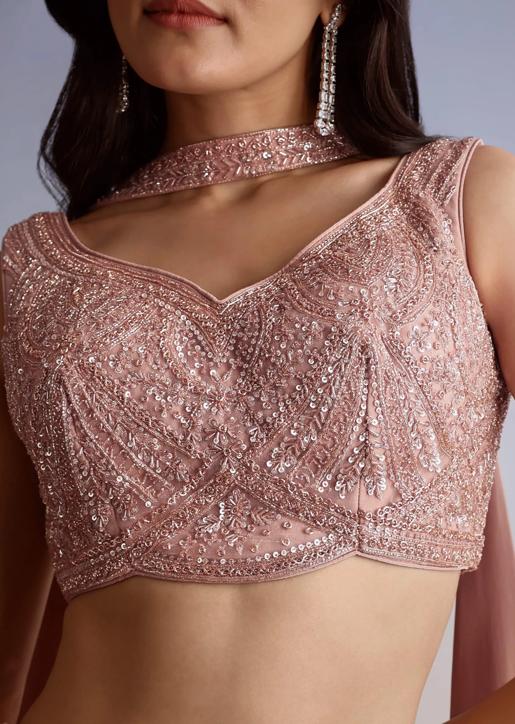 Pink Crepe Cutdana Sequin Embroidered Croptop Palazzo Suit With Dupatta