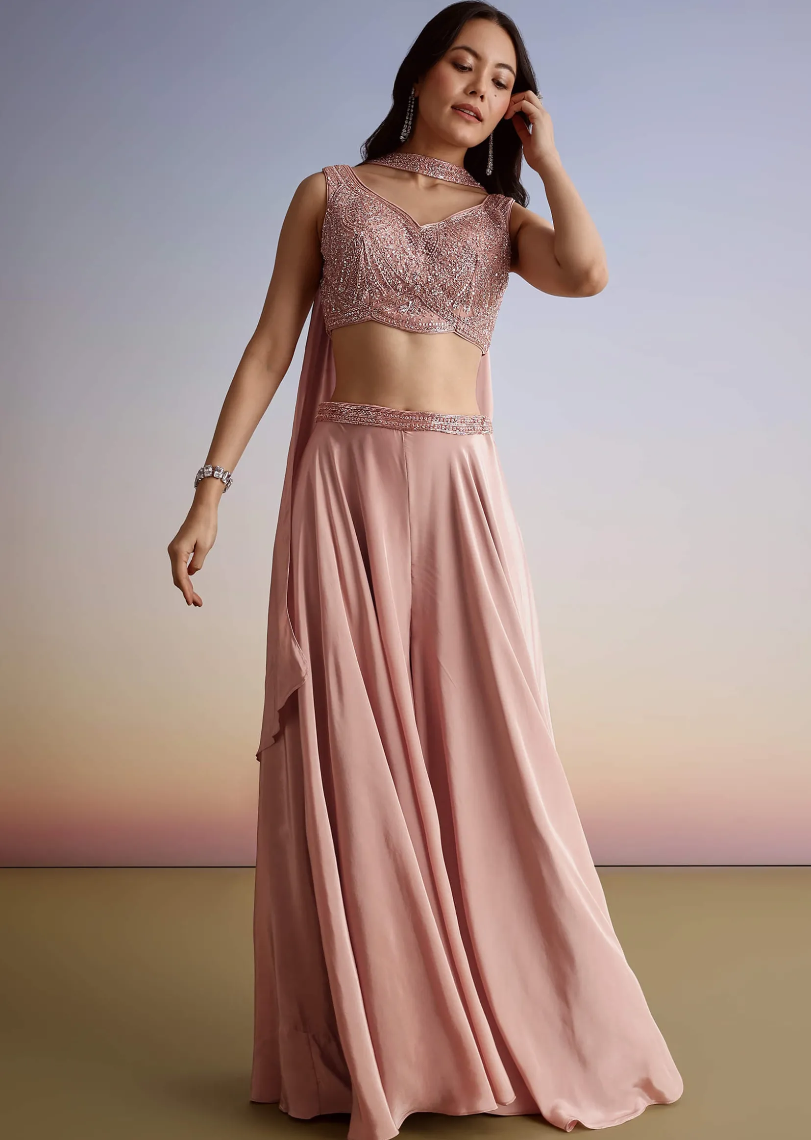 Pink Crepe Cutdana Sequin Embroidered Croptop Palazzo Suit With Dupatta