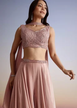 Pink Crepe Cutdana Sequin Embroidered Croptop Palazzo Suit With Dupatta