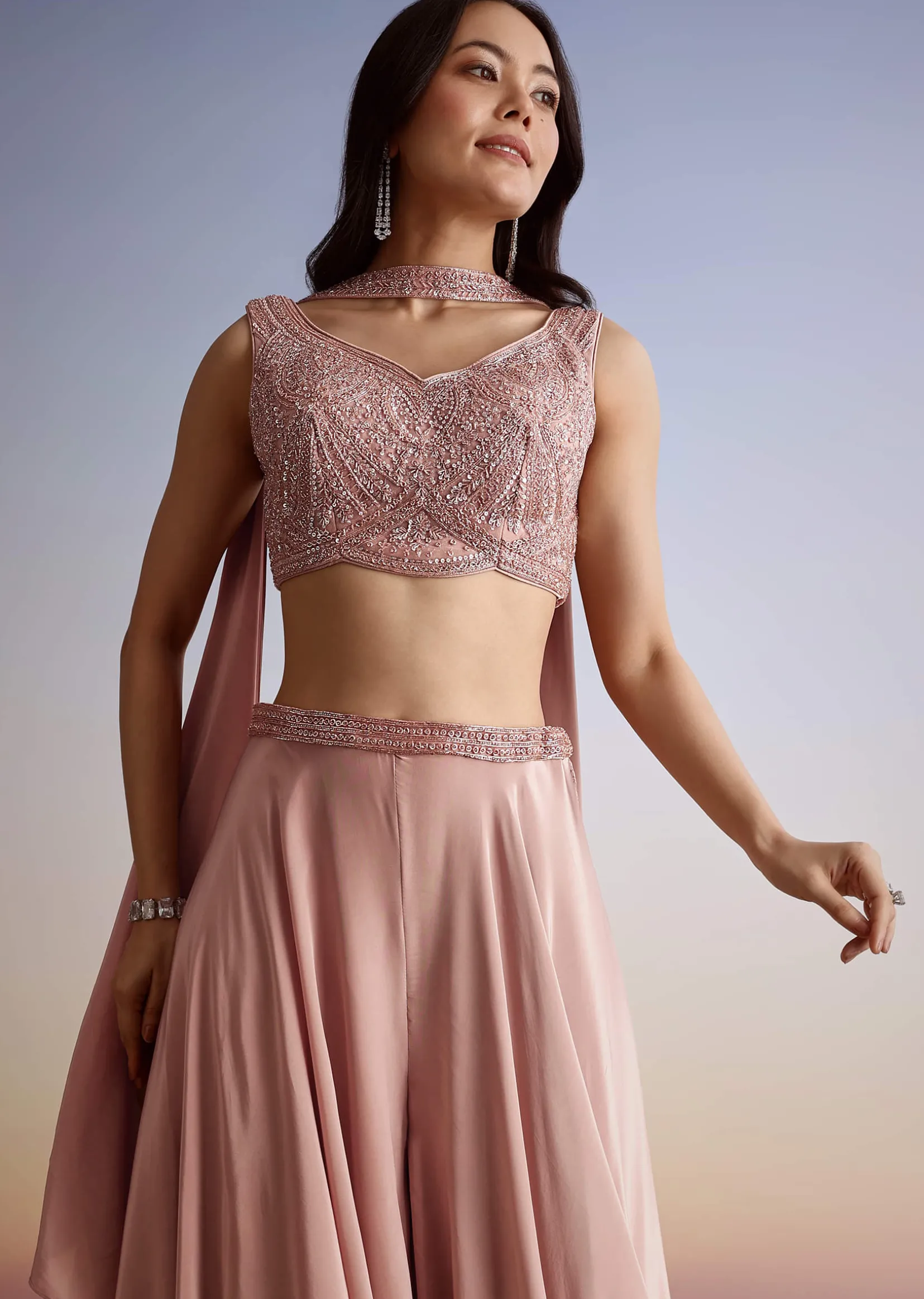 Pink Crepe Cutdana Sequin Embroidered Croptop Palazzo Suit With Dupatta