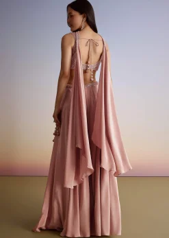 Pink Crepe Cutdana Sequin Embroidered Croptop Palazzo Suit With Dupatta