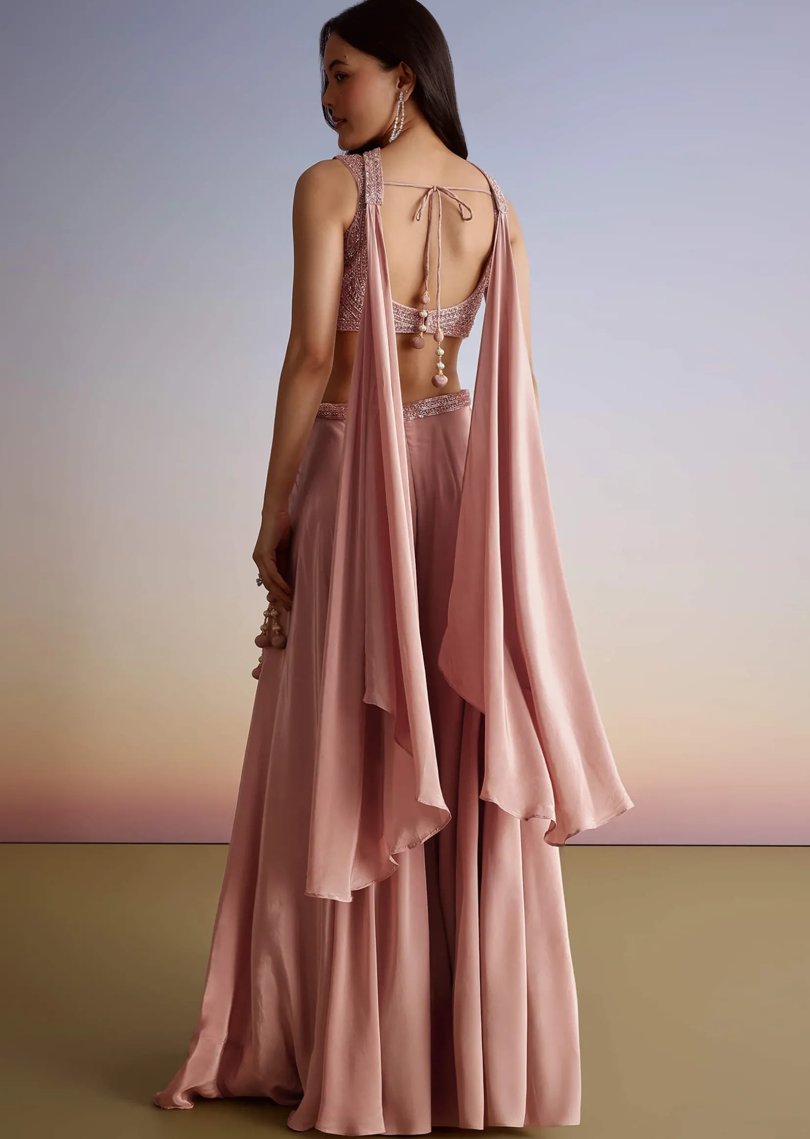 Pink Crepe Cutdana Sequin Embroidered Croptop Palazzo Suit With Dupatta