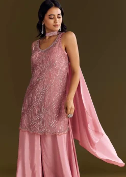 Pink Crepe Embroidered Kurta Palazzo Suit Set With Net Choker Dupatta