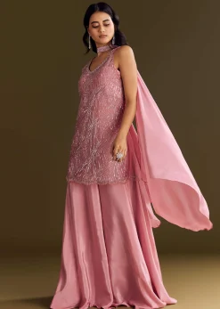 Pink Crepe Embroidered Kurta Palazzo Suit Set With Net Choker Dupatta
