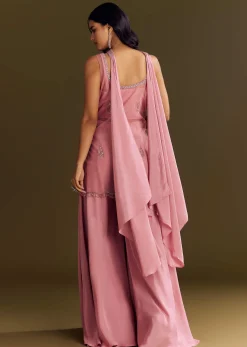 Pink Crepe Embroidered Kurta Palazzo Suit Set With Net Choker Dupatta