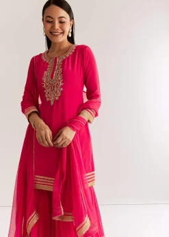 Pink Crepe Kurta Set With Zardosi And Sequins Dupatta