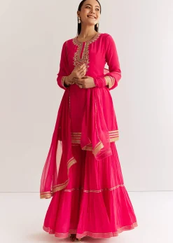 Pink Crepe Kurta Set With Zardosi And Sequins Dupatta
