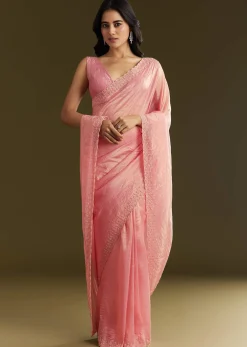 Pink Crepe Tissue Saree With Moti Beads And Cutdana Embroidery