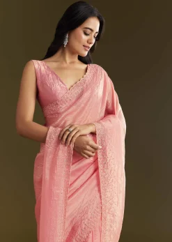 Pink Crepe Tissue Saree With Moti Beads And Cutdana Embroidery