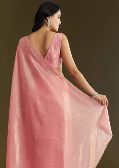 Pink Crepe Tissue Saree With Moti Beads And Cutdana Embroidery