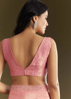 Pink Crepe Tissue Saree With Moti Beads And Cutdana Embroidery