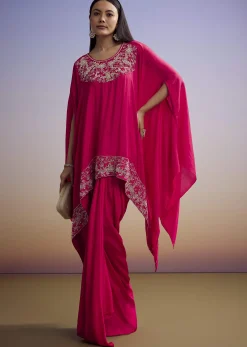 Pink Crop Top And Skirt Set With Moti And Sequins Work