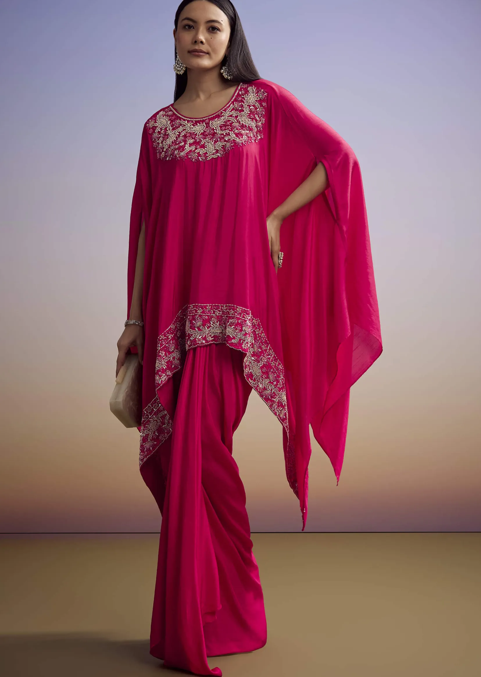 Pink Crop Top And Skirt Set With Moti And Sequins Work