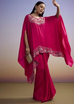 Pink Crop Top And Skirt Set With Moti And Sequins Work