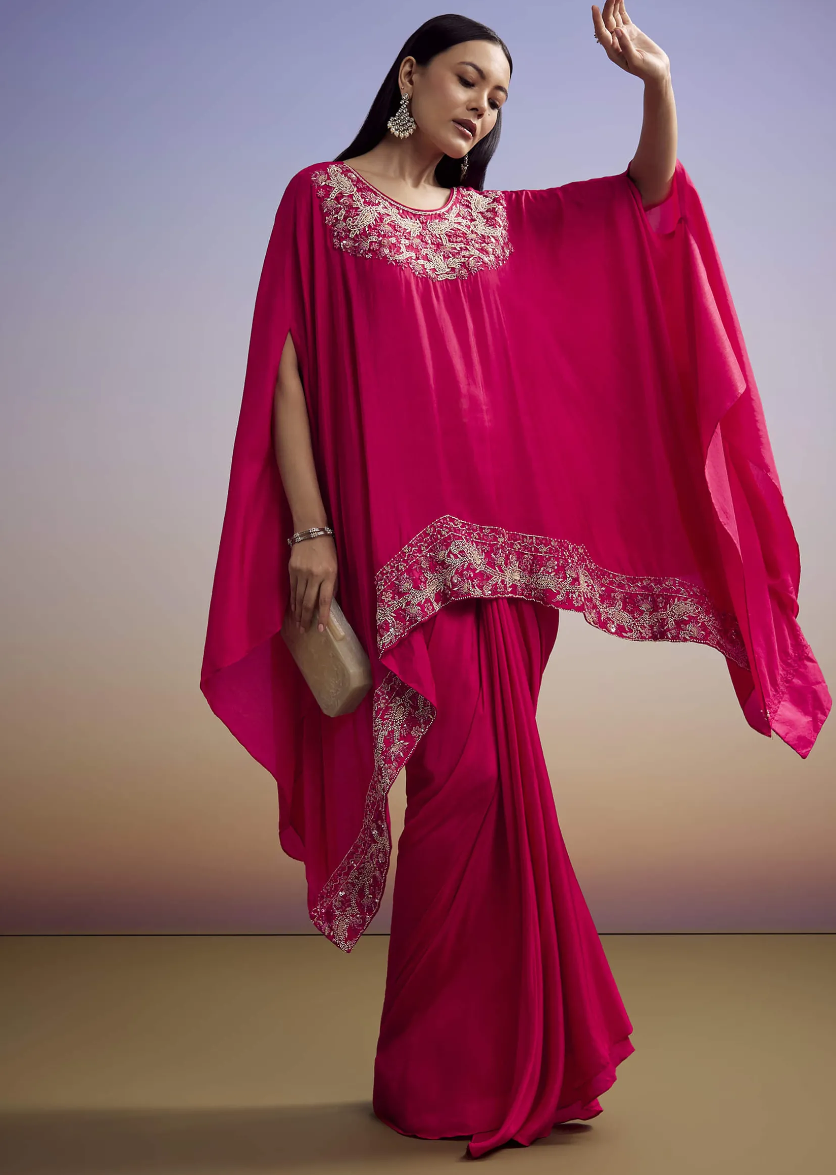 Pink Crop Top And Skirt Set With Moti And Sequins Work