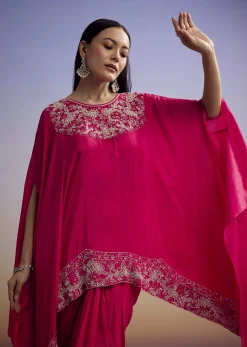 Pink Crop Top And Skirt Set With Moti And Sequins Work
