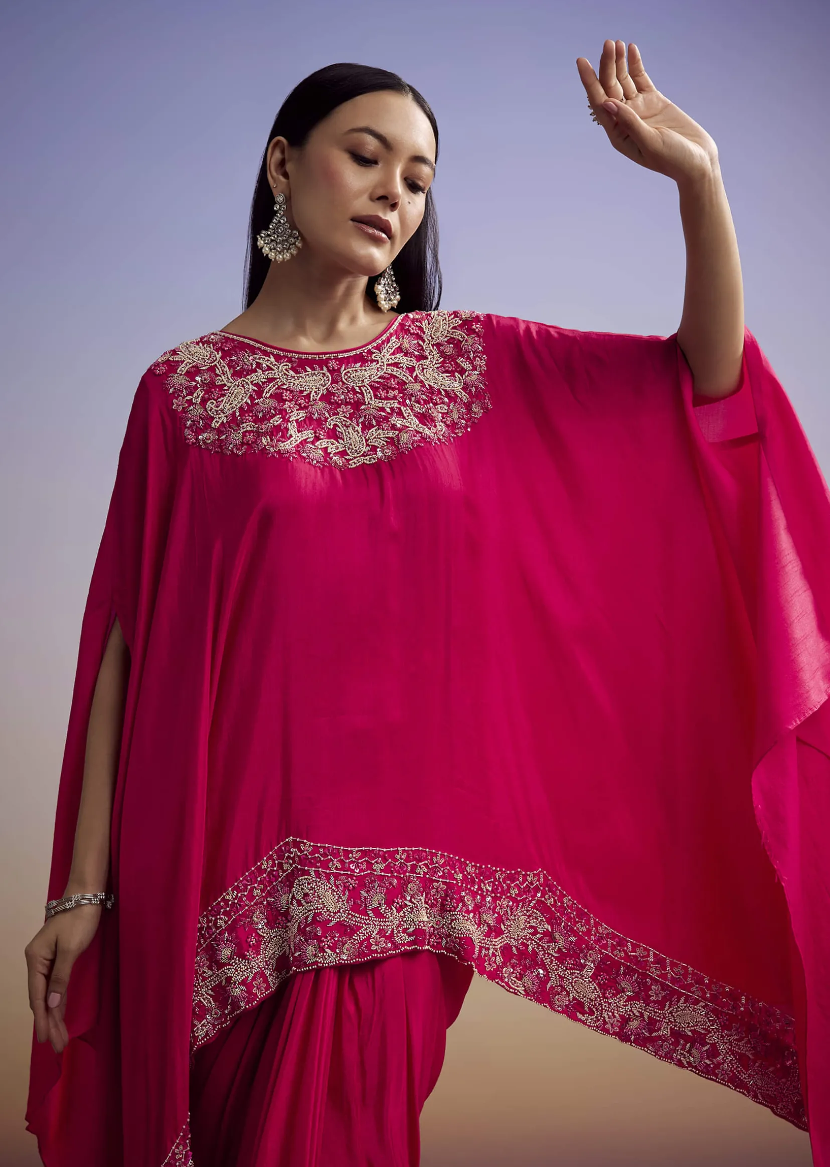 Pink Crop Top And Skirt Set With Moti And Sequins Work