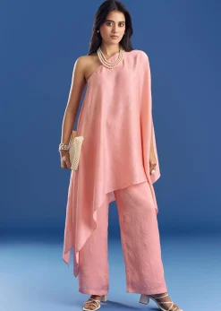 Pink Crush Silk One Shoulder Kurta With Pearl Neckpiece