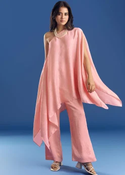 Pink Crush Silk One Shoulder Kurta With Pearl Neckpiece