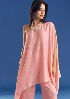 Pink Crush Silk One Shoulder Kurta With Pearl Neckpiece