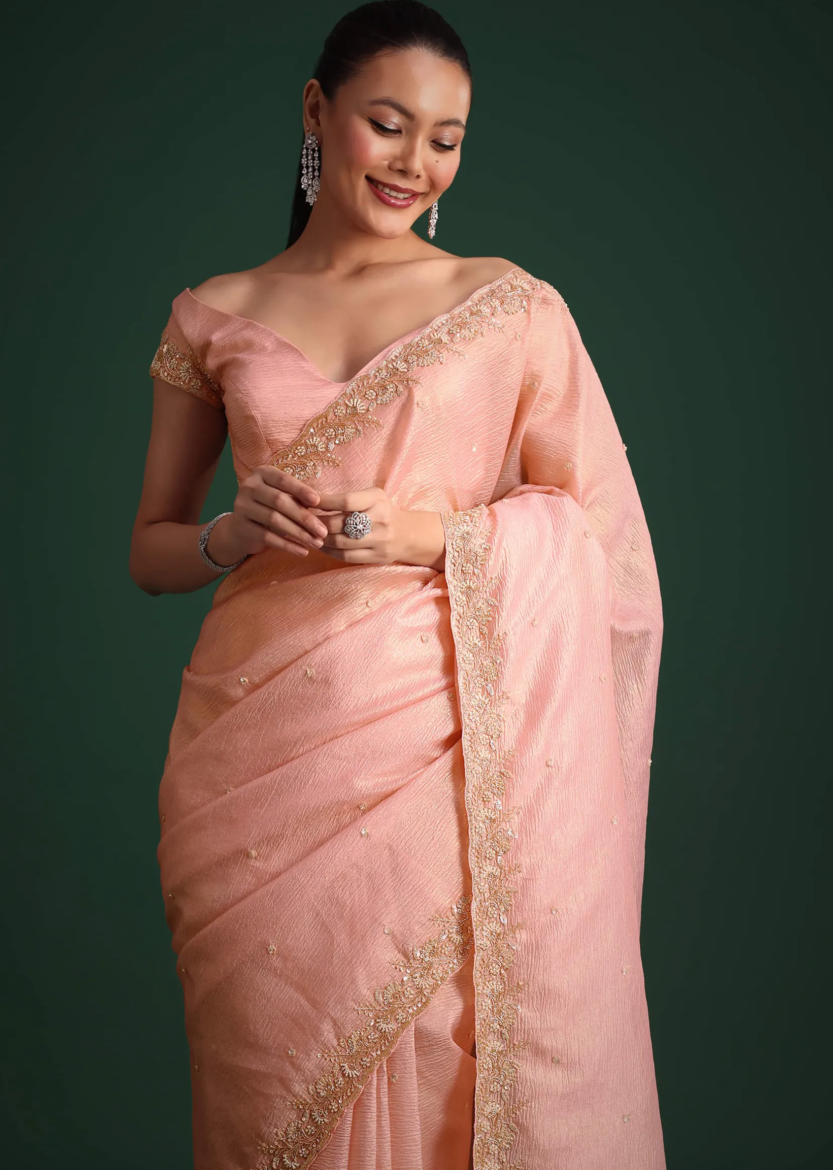 Pink Crushed Silk Saree With Sequin Work