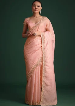 Pink Crushed Silk Saree With Sequin Work