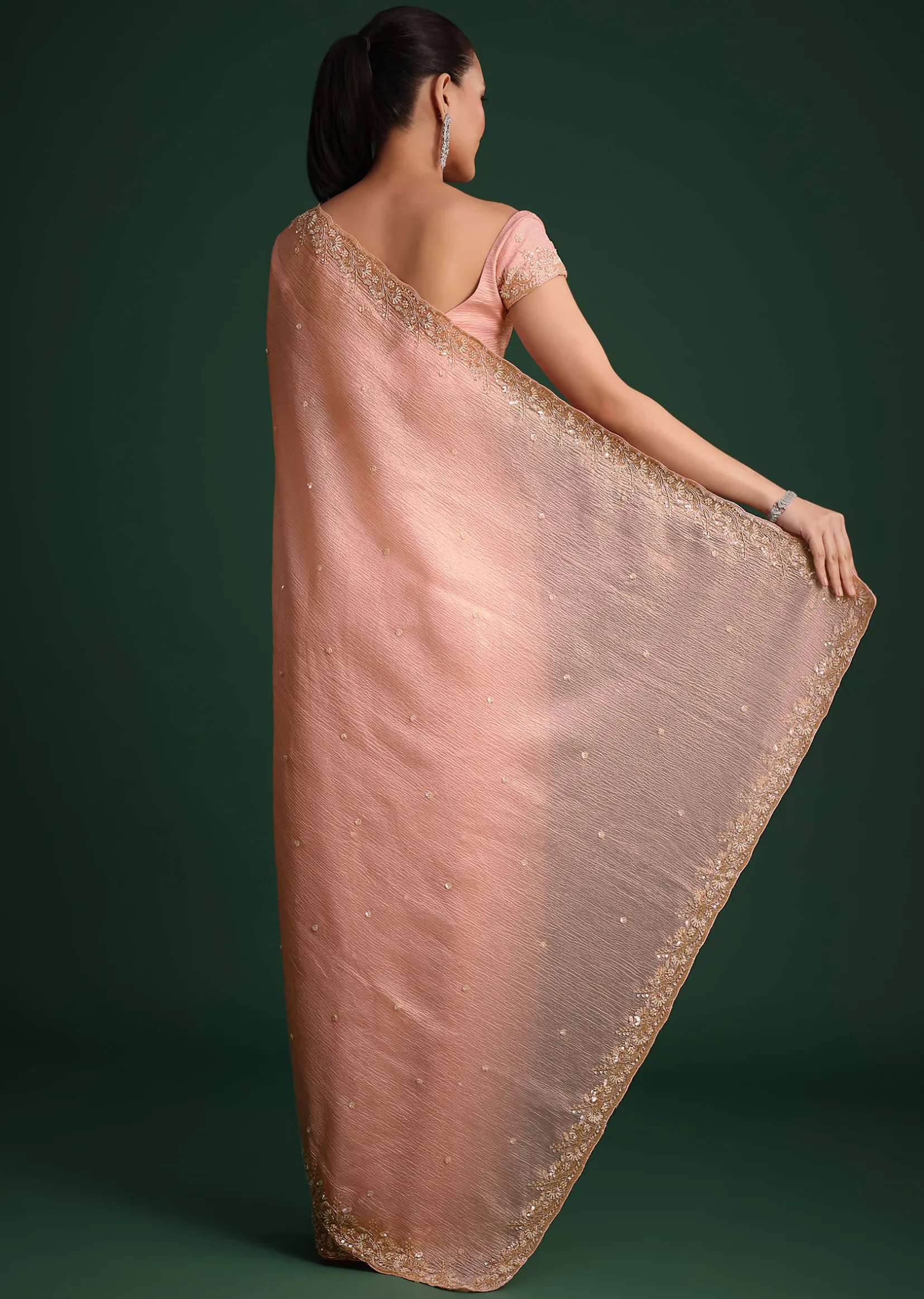 Pink Crushed Silk Saree With Sequin Work