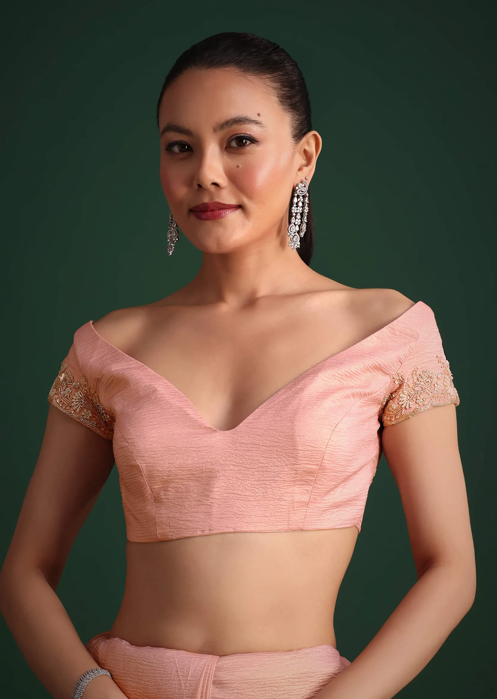 Pink Crushed Silk Saree With Sequin Work