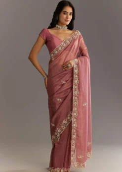 Pink Crushed Tissue Floral Embroidered Saree With Cutdana And Sequins