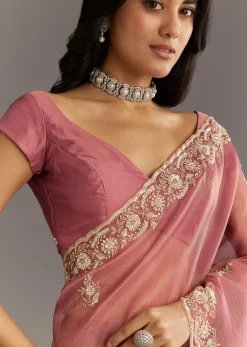 Pink Crushed Tissue Floral Embroidered Saree With Cutdana And Sequins