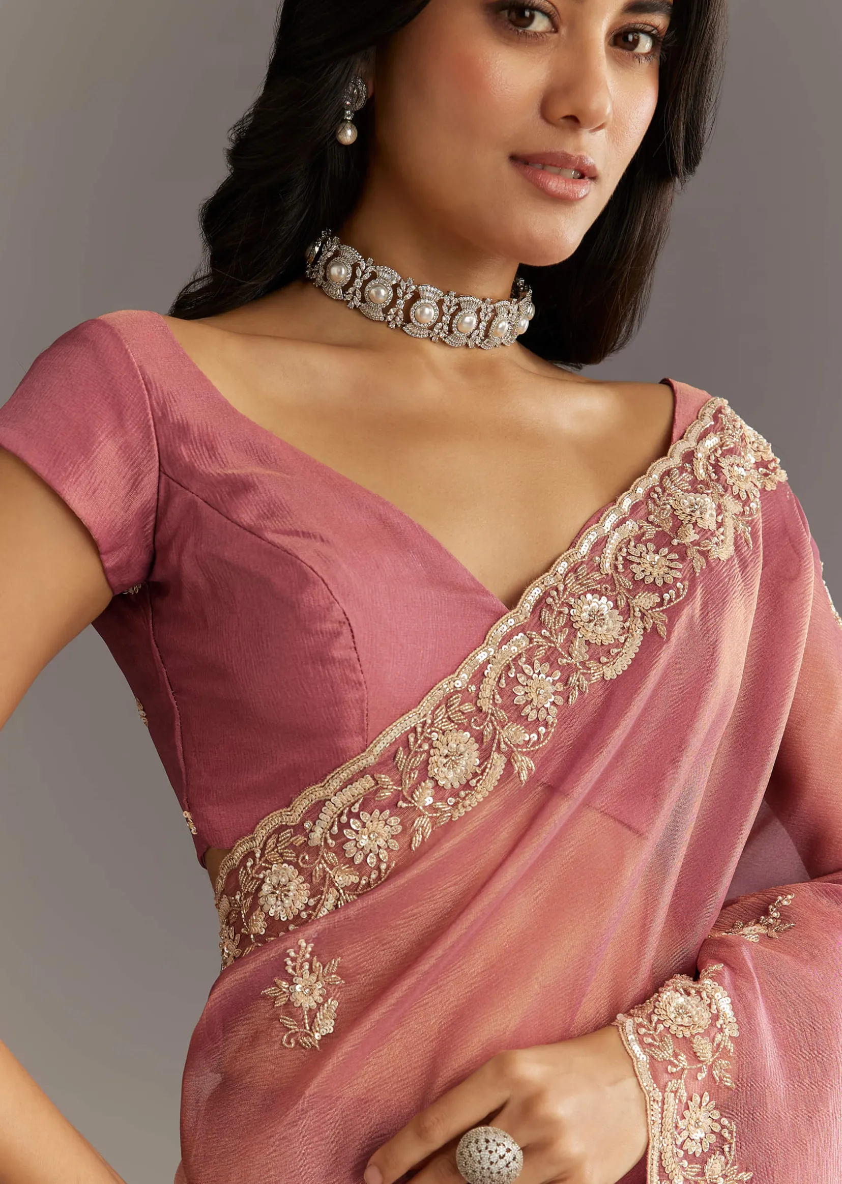 Pink Crushed Tissue Floral Embroidered Saree With Cutdana And Sequins