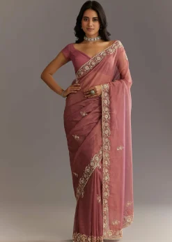 Pink Crushed Tissue Floral Embroidered Saree With Cutdana And Sequins
