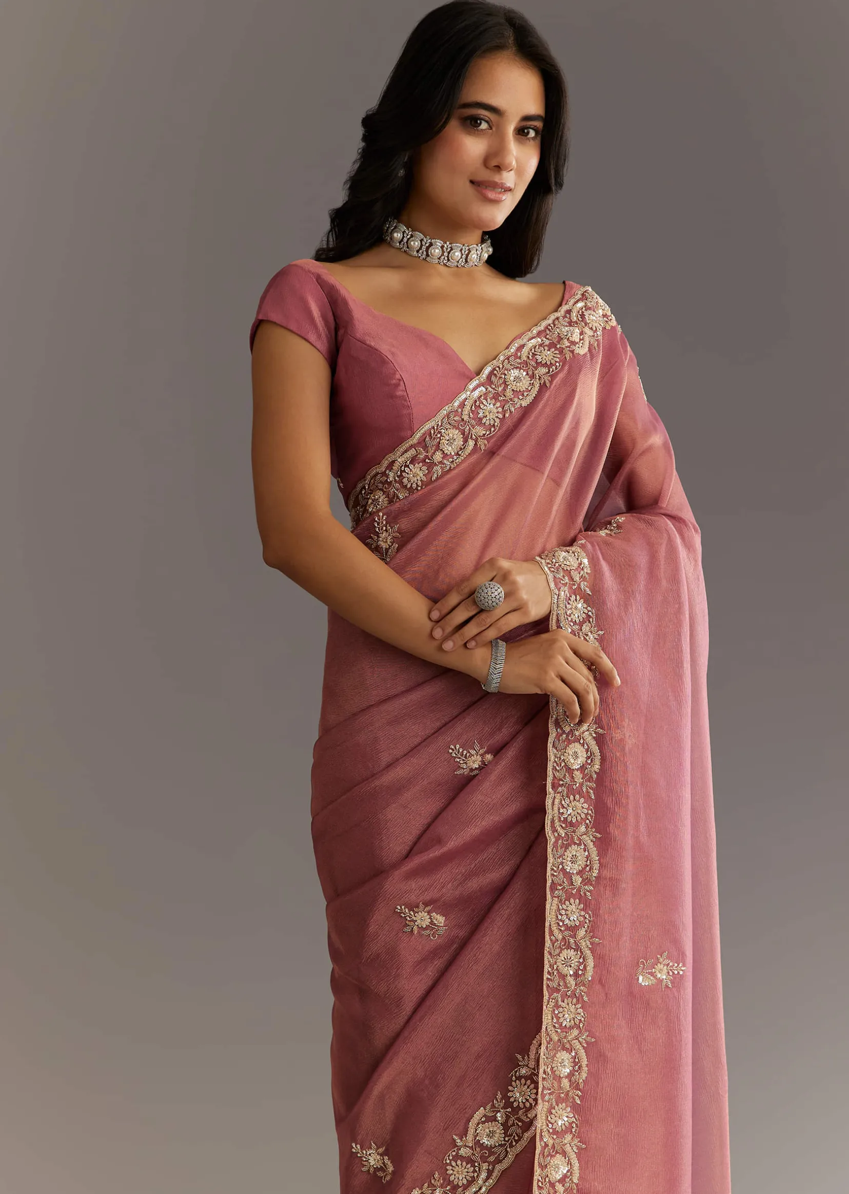 Pink Crushed Tissue Floral Embroidered Saree With Cutdana And Sequins
