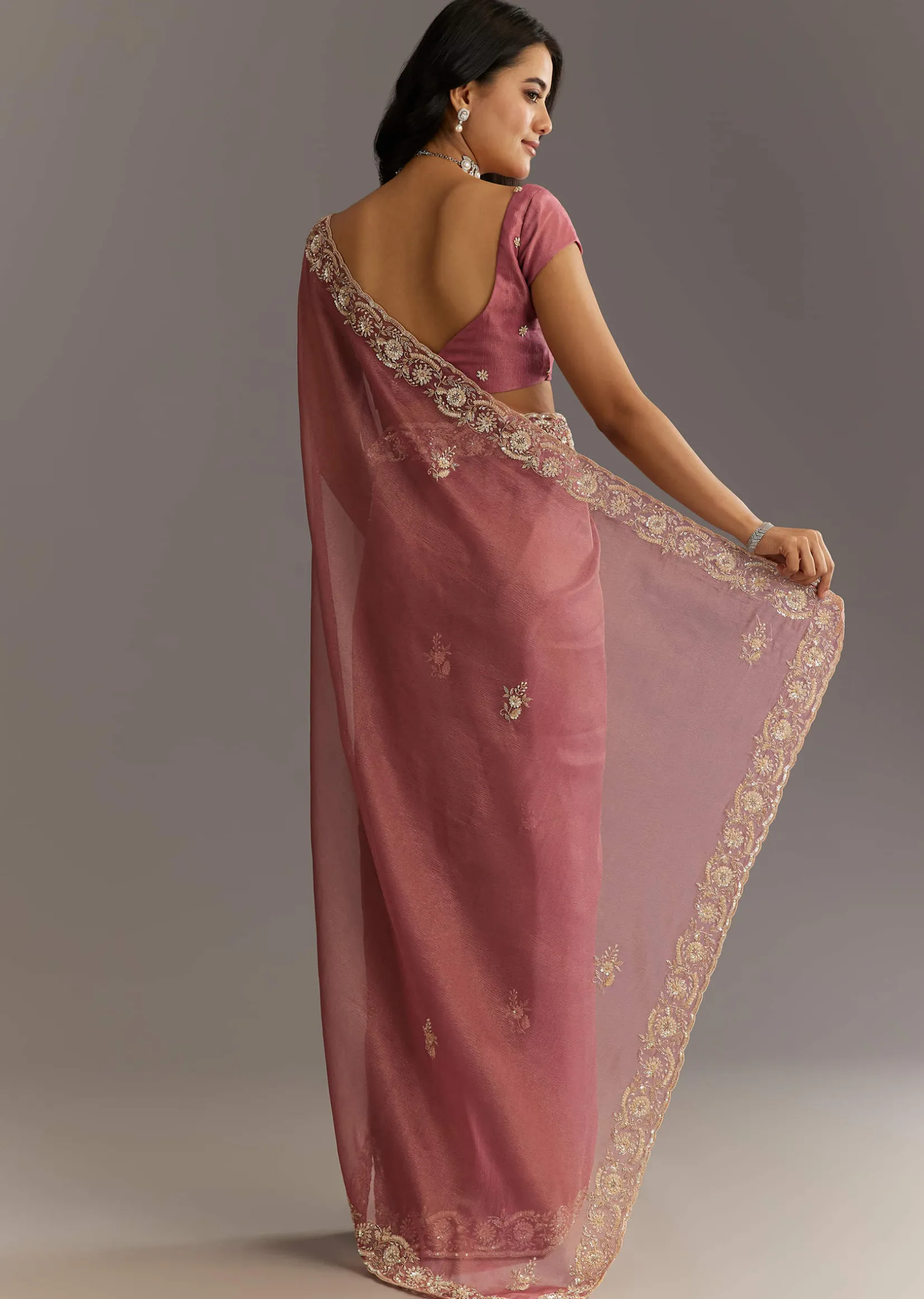 Pink Crushed Tissue Floral Embroidered Saree With Cutdana And Sequins