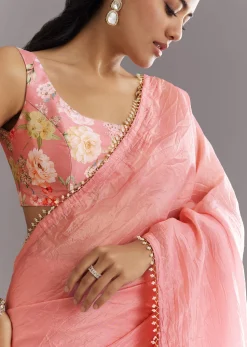Pink Crushed Tissue Saree With Cutdana And Moti Embellished Border