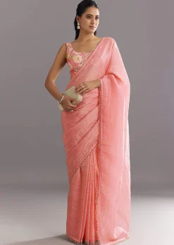 Pink Crushed Tissue Saree With Cutdana And Moti Embellished Border