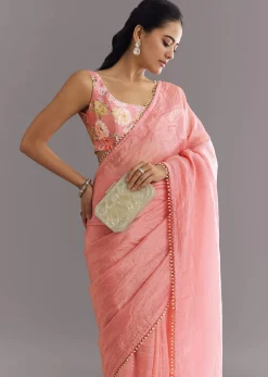 Pink Crushed Tissue Saree With Cutdana And Moti Embellished Border