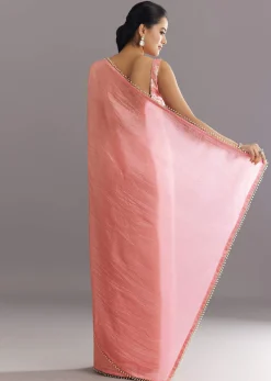 Pink Crushed Tissue Saree With Cutdana And Moti Embellished Border