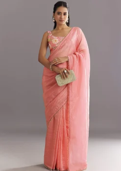 Pink Crushed Tissue Saree With Cutdana And Moti Embellished Border