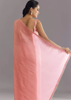 Pink Crushed Tissue Saree With Cutdana And Moti Embellished Border